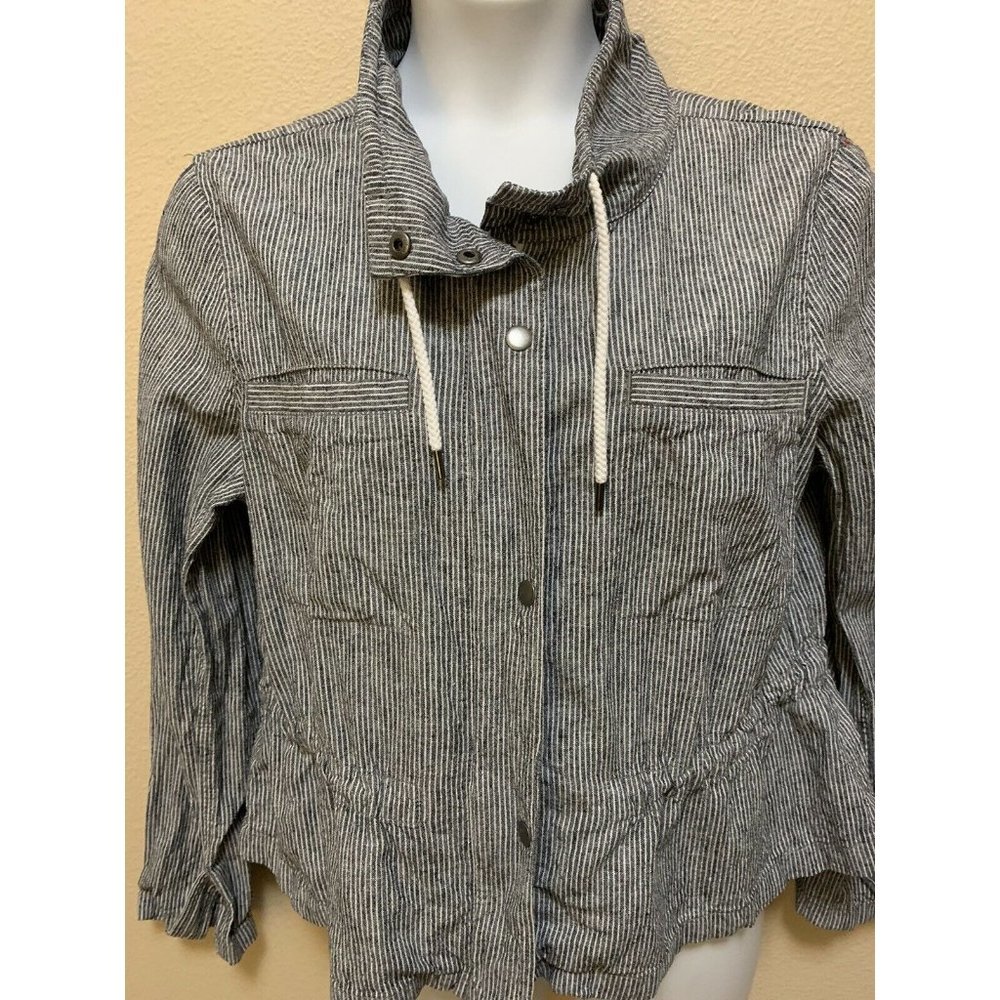LOFT Large Navy White Striped Button Zipper Drawstring Linen Jacket French